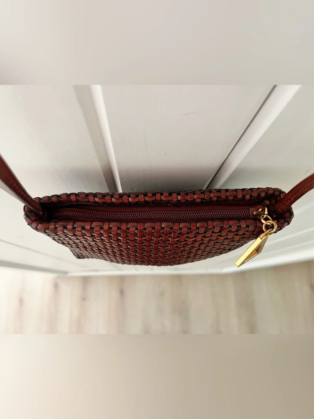 Americana by Sharif Woven Mini Crossbody Bag in Rich Brown with Gold Accent